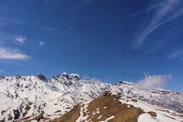 Panoramic view from the Seiser Alm to the Dolomites in Italy, drone shot