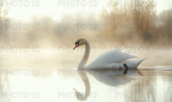 White swan gliding across a reflective pond AI generated