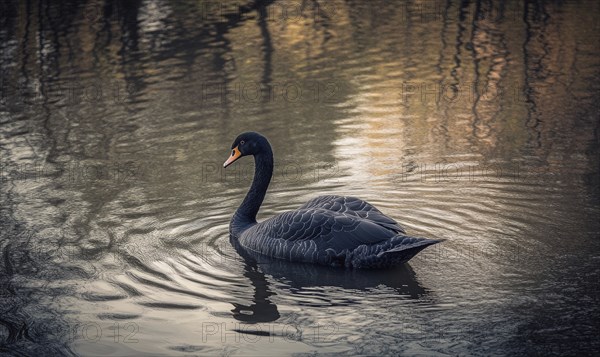 Black swan floating on a quiet river, soft ripples and shadows reflecting on the water AI generated