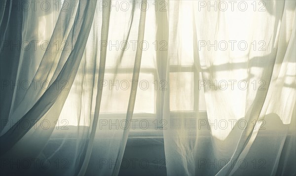 Soft, semi-transparent curtains, lightly billowing in the morning sun AI generated