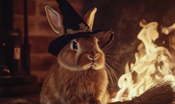 A brown rabbit wearing a black pointed hat sitting next to a broomstick AI generated