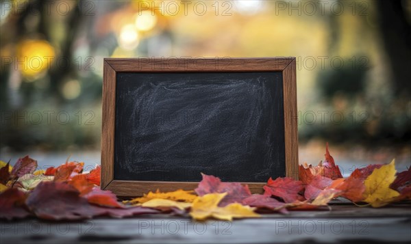 Empty chalkboard framed in wood surrounded by vibrant autumn leaves in an outdoor setting with a