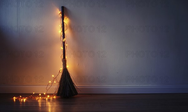 Simple witch's broom wrapped with warm orange fairy lights AI generated