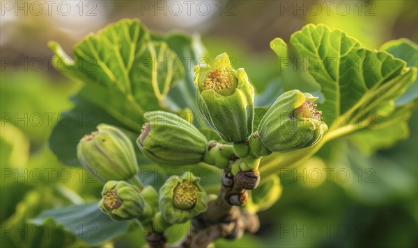 Fig tree blossoms and young figs, close-up AI generated