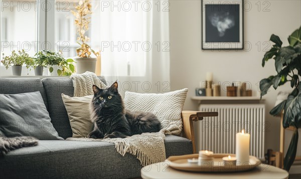 A living room with a beige sofa, wooden coffee table, autumn leaves in a vase, candles on the table