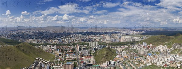 Aerial panorama view of Ulaanbaatar city and Memorial on Zaisan Tolgoi, Mongolia, Asia