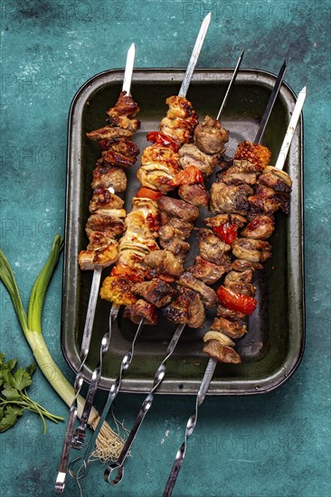 Food, Bbq grilled meat pork, chicken and vegetable skewers on tray. Top view, flat lay