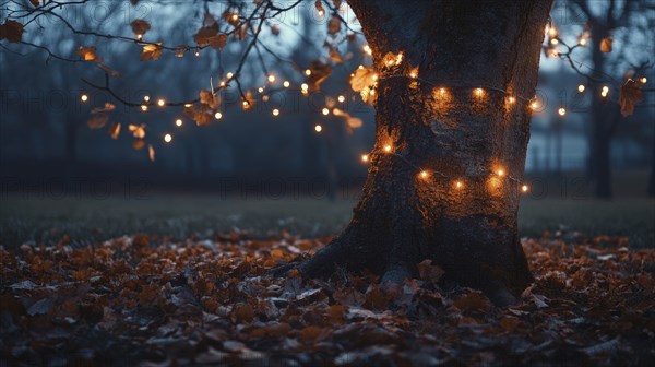 Leafless autumn tree adorned with glowing fairy lights AI generated