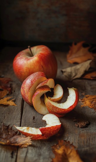 Apple peels on wooden table AI generated