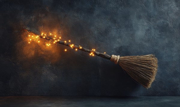 Witch's broom adorned with glowing garlands AI generated