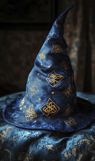 A dark blue wizard hat, embroidered with golden runes AI generated