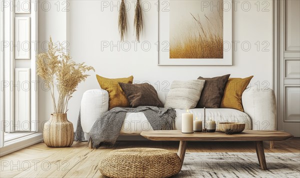 Scandinavian living room with white walls, wooden floor, autumn-themed cushions and candles on the