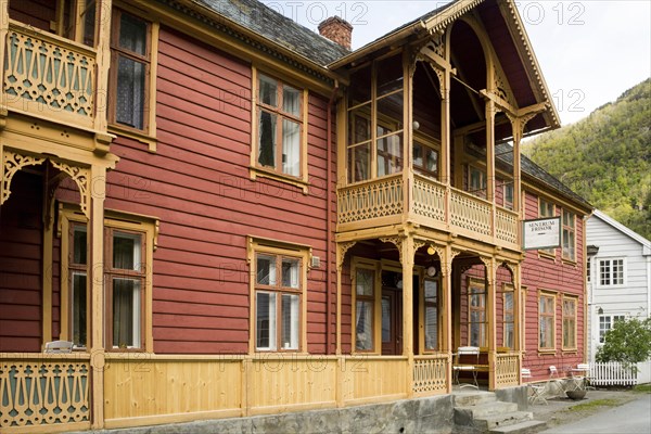 Laerdal, Sogn og Fjordane, Norway, May 2015: street scene with typical and historical houses of