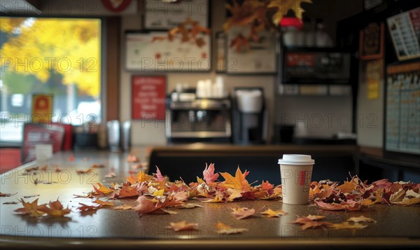Empty menu board on a counter, fall leaves scattered around AI generated