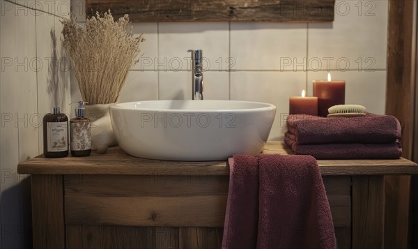 Simple bathroom with a white sink, wooden cabinet, autumn-colored towels, and candles on the