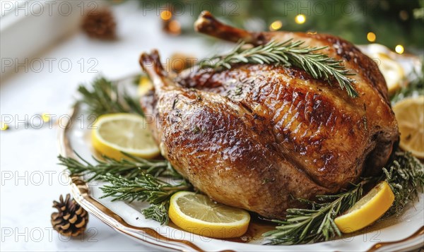 A roasted chicken with lemon slices and rosemary on top of a white plate. The dish looks delicious