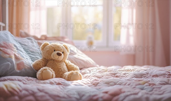 Plush teddy bear nestled in pillows, cozy knitted blanket AI generated