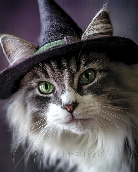 A fluffy grey and white cat, bright green eyes, wearing a small pointed witch hat AI generated