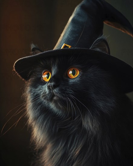A large fluffy black cat with glowing amber eyes, wearing a tall witch's hat AI generated