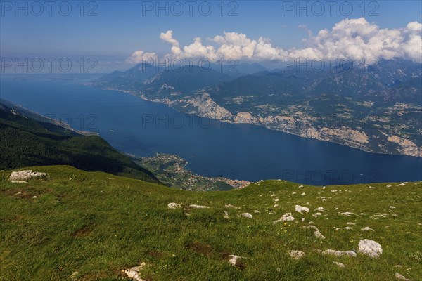 Panoramic view from Monte Baldo on the old town of Malcesine and Lake Garda in Italy