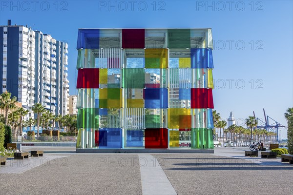 Malaga, Spain, April 2023: View on the Centre Pompidou colorful cube architecture by Daniel Buren.