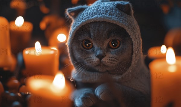 Close-up of a gray cat in a small ghost costume, surrounded by soft candlelight Halloween