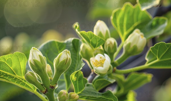 Fig tree blossoms and young figs, close-up AI generated