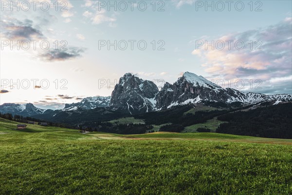 Panoramic view of the Langkofel Group from Seiser Alm in the Dolomites in South Tyrol, Italy,