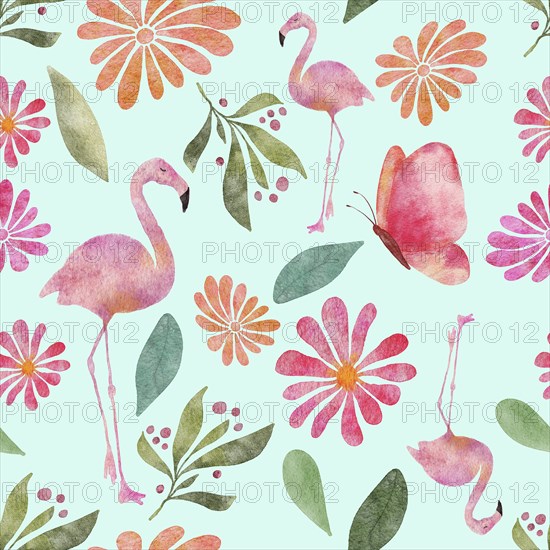 Seamless watercolor pattern illustration with butterflies, flamingos, flowers and leaves on