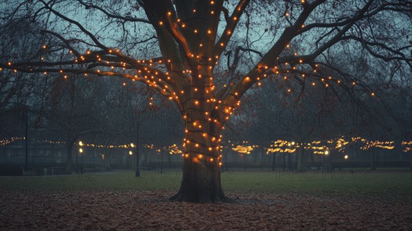 Leafless autumn tree adorned with glowing fairy lights AI generated