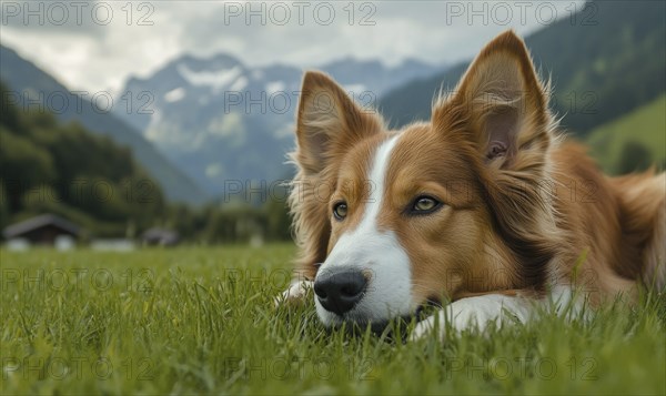 A Collie lying on green grass, with mountains in the background AI generated