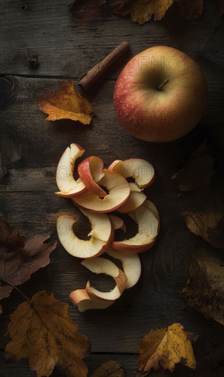 Apple peels on wooden table AI generated