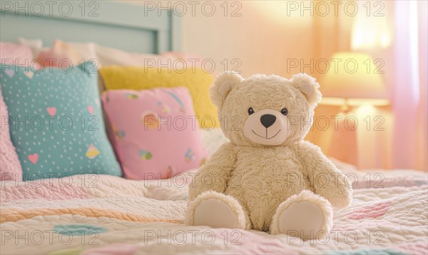 Plush bear sitting on bed, colorful pillows, cozy blankets AI generated