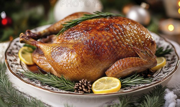 A large roasted turkey with lemon slices and pine cones on top of a white plate. Concept of warmth