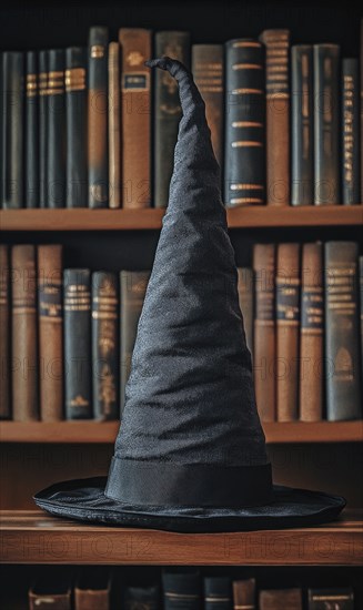 A tall, black witch hat sits on a wooden shelf in front of a bookshelf filled with old books AI