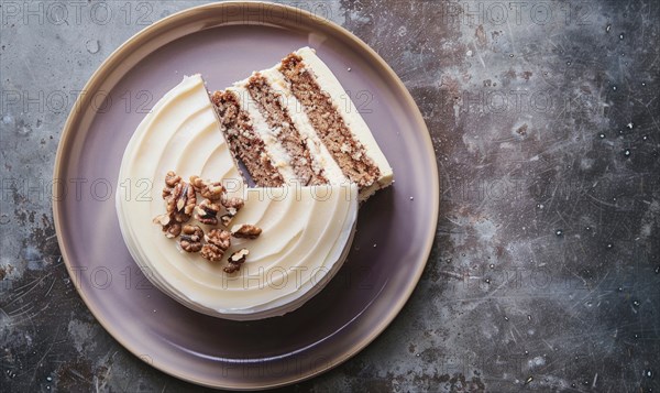Fig and walnut cake with cream cheese frosting on a muted purple plate AI generated