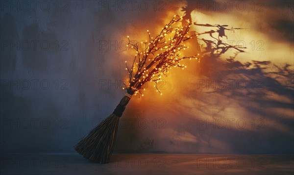 Witch's broom adorned with glowing garlands AI generated
