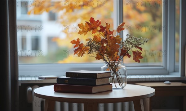 A table with a few books and a vase of colorful autumn foliage AI generated