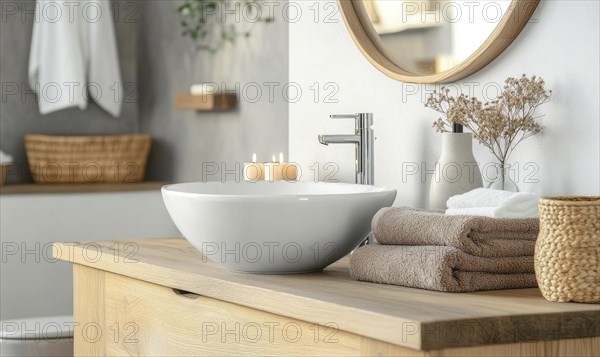Simple bathroom with a white sink, wooden cabinet, autumn-colored towels, and candles on the