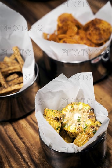 Grilled bbq sweetcorn and chips bar food snacks set