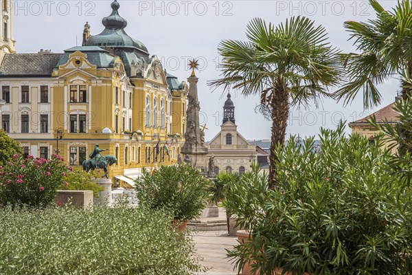 Historic city centre and central square with old historic buildings. Széchenyi Square in the centre