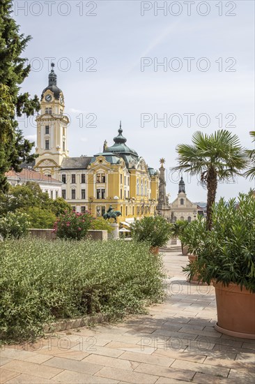 Historic city centre and central square with old historic buildings. Széchenyi Square in the centre