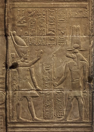 Hieroglyphic carvings of Sebek god and pharaoh on the walls of an ancient egyptian temple