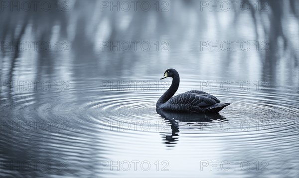 Black swan drifting on a still pond, soft ripples and reflections shimmering in the water AI