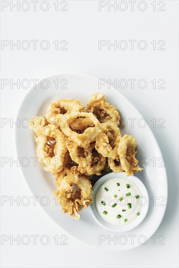 Traditional spanish fried calamari squid rings tapas with aioli garlic sauce
