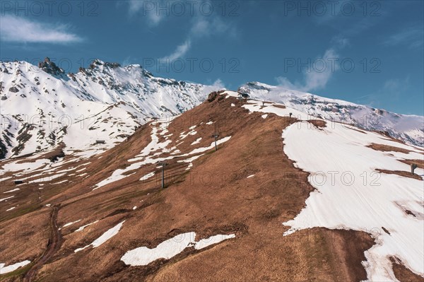 Panoramic view from the Seiser Alm to the Dolomites in Italy, drone shot