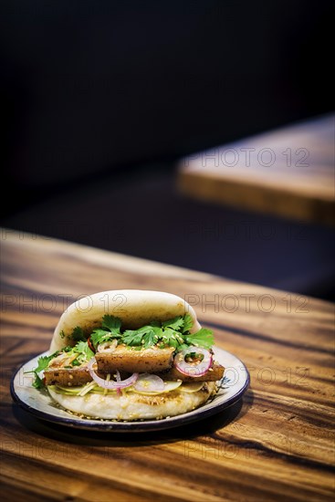 Asian pork belly bun pao traditional chinese snack sandwich food