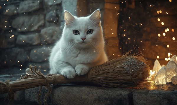 White cat with bright eyes sitting calmly on a broomstick AI generated