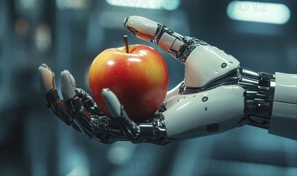 A robotic hand holding a shiny red apple in a futuristic, technological setting AI generated