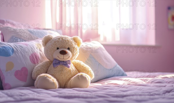 Plush teddy bear nestled in pillows, cozy knitted blanket AI generated